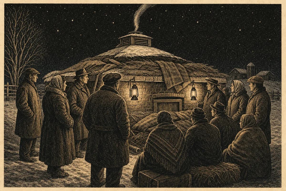 A woodcut of townspeople in heavy coats huddled at night around a low brick digester house wrapped in straw and blankets, lanterns hung on the wall, steam rising thinly from a vent against a hard frozen sky.